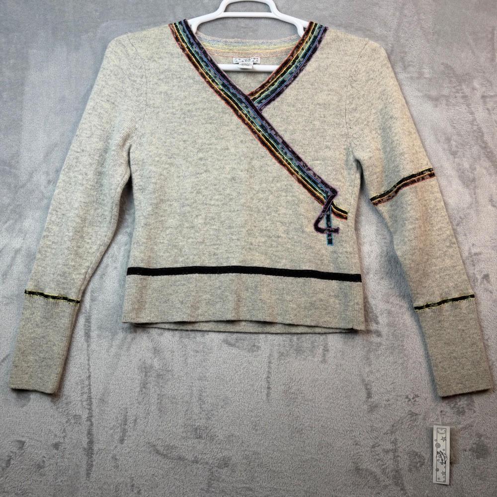 Starry Night Sweater Girls Junior XL Gray 100% Wool Faux Wrap Rainbow Trim